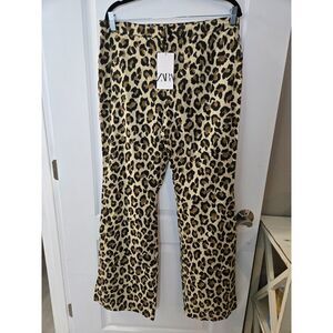 Zara NWT High Rise Animal Leopard Print Straight Wide Leg Pants XL